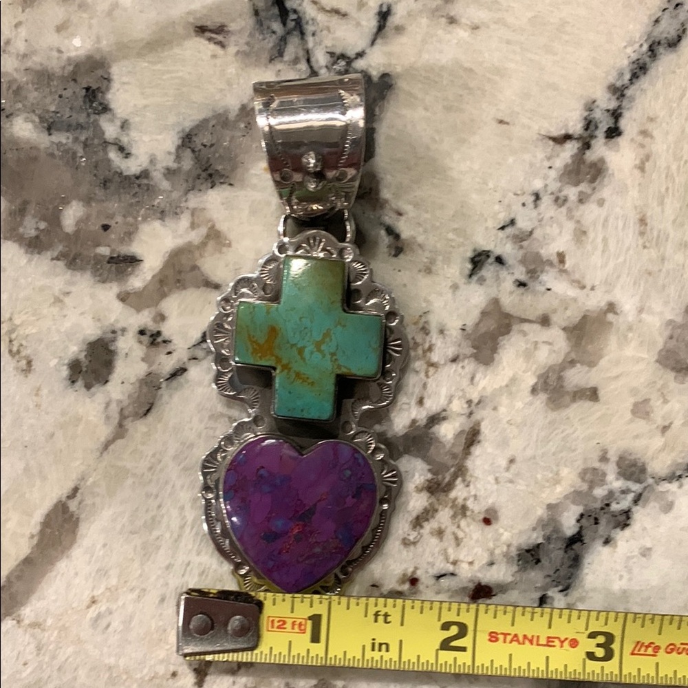 SOLD Navajo Dan Dodson Sterling Silver Turquoise Spiny Pendant Heart Cross Big - Picture 9 of 9